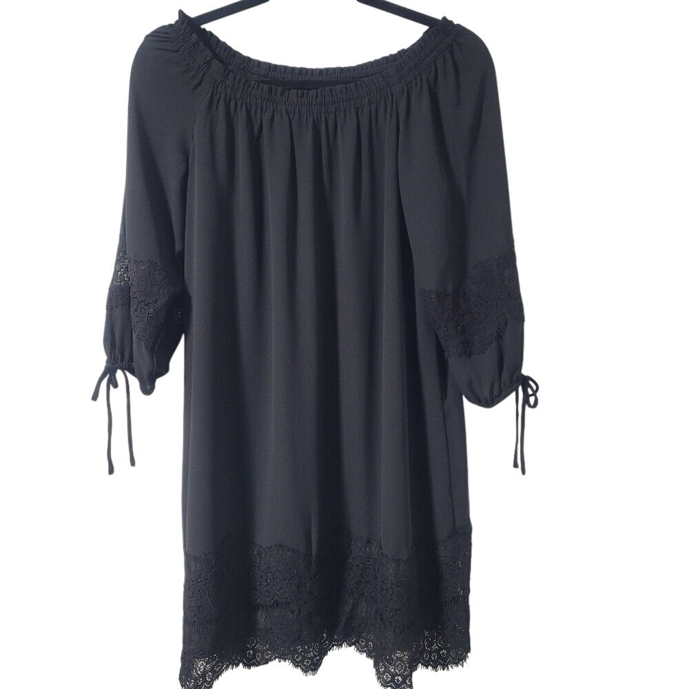 LOFT Women's Black Off the Shoulder‎ 3/4 Sleeve Shift Dress Lace Hem Lined XS